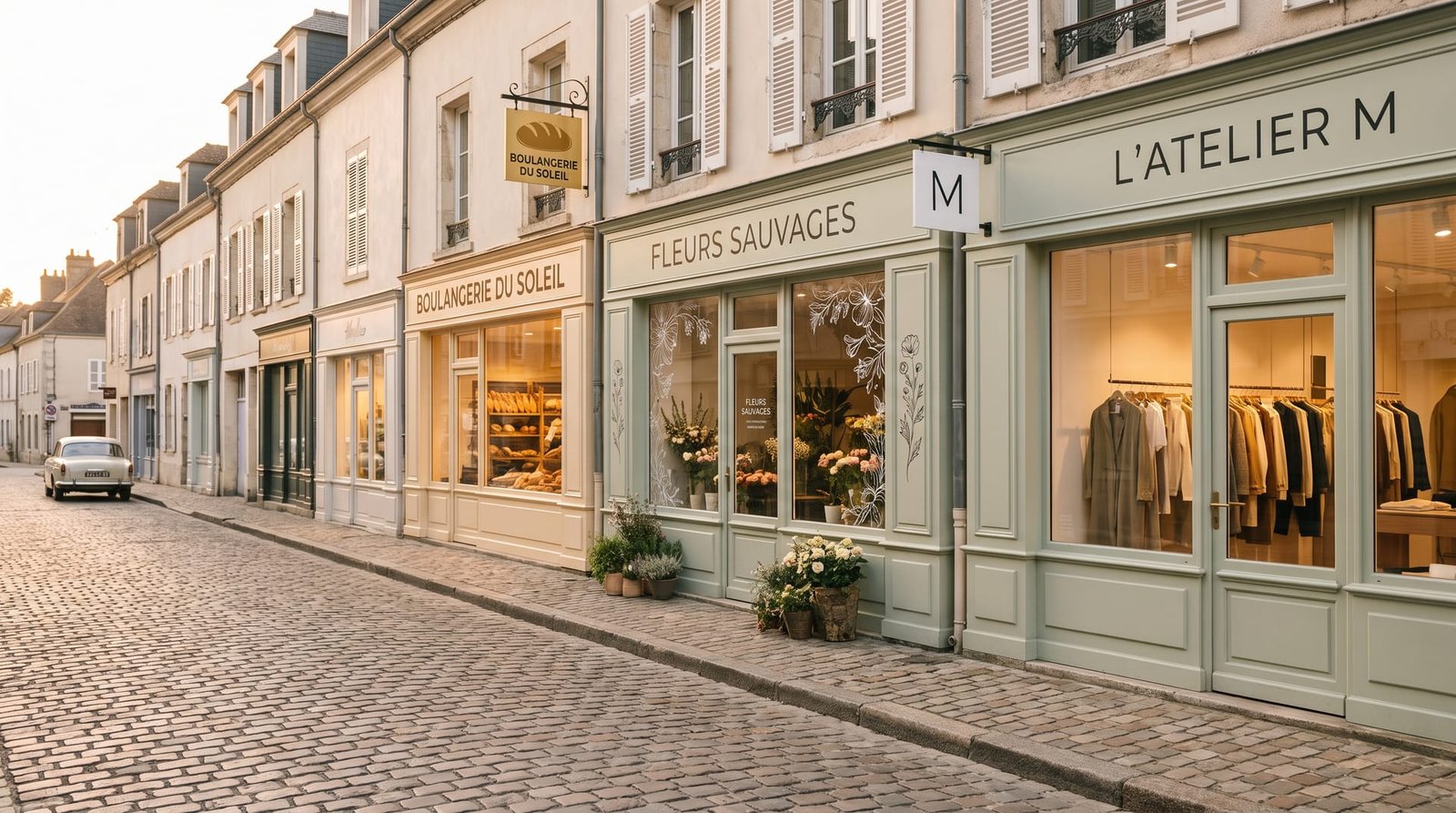 Rue commerçante de proximité avec de jolies devantures de boutiques à la lumière douce